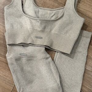 Aimn Cream Ribbed Knit Tank and Pants Set